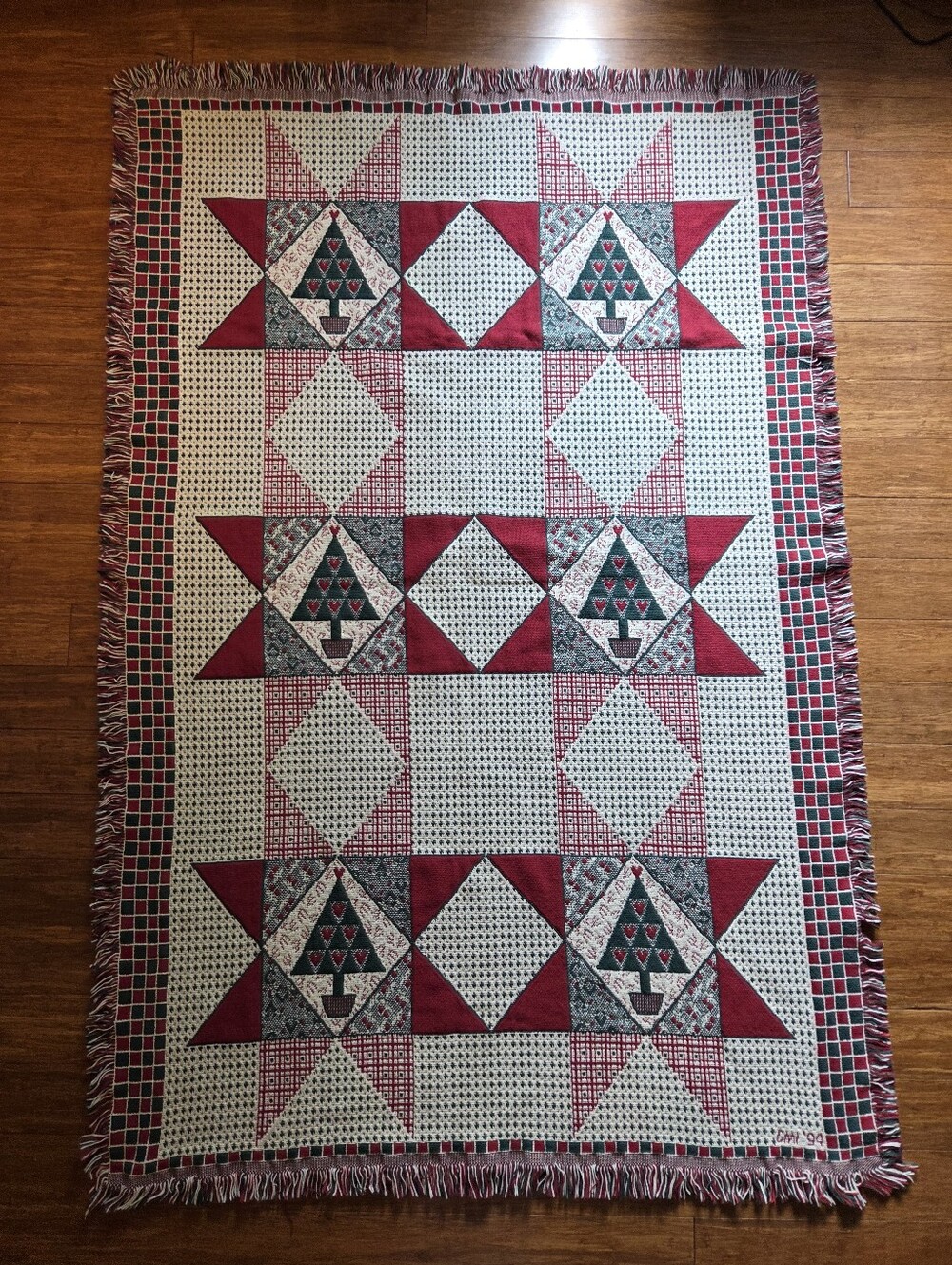 Vintage 1994 Christmas Tapestry Throw Blanket Heart Tree Quilt Fringe 45x67